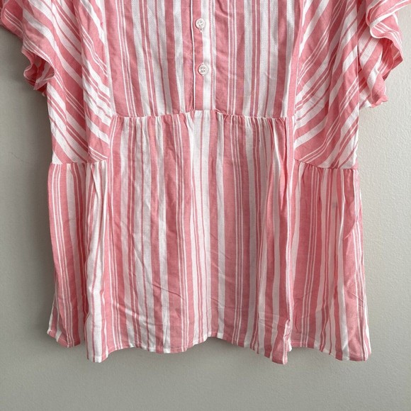 Lane Bryant Pink White Striped Babydoll Blouse Size 12 Button Flowy Short Sleeve - Picture 5 of 9
